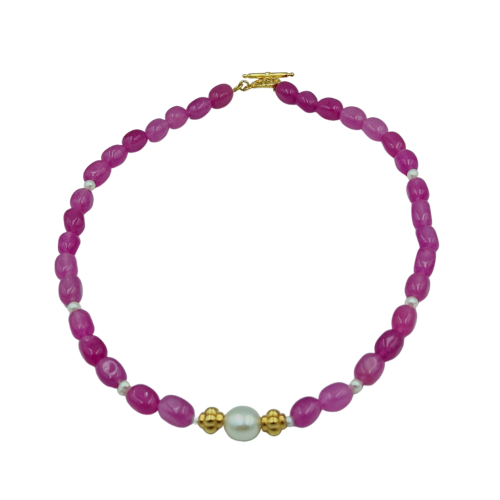 Κολιέ με ροζ jade με μαργαριτάρια